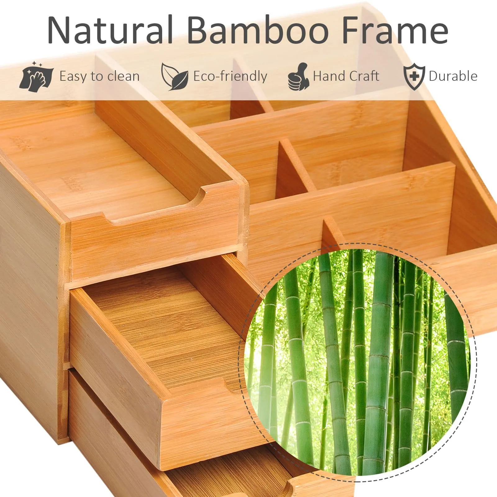 ProperAV Extra Multi-Function Storage Organiser with 7 Storage Compartments & 2 Drawers - Bamboo