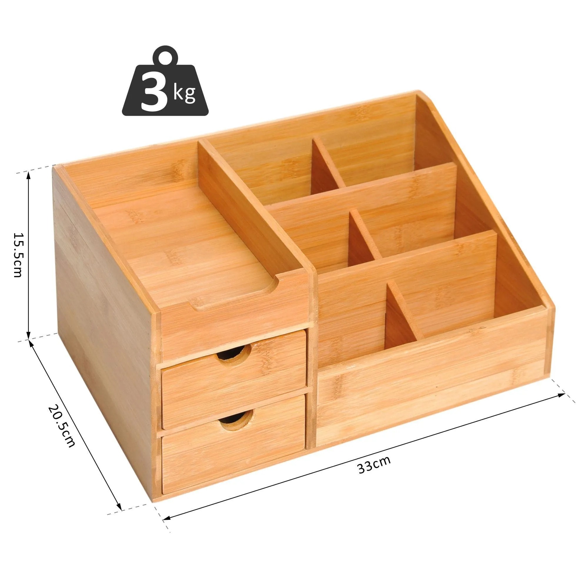 ProperAV Extra Multi-Function Storage Organiser with 7 Storage Compartments & 2 Drawers - Bamboo