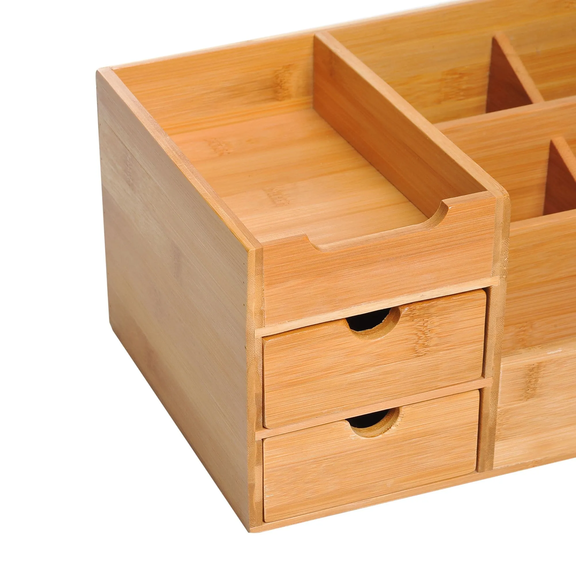 ProperAV Extra Multi-Function Storage Organiser with 7 Storage Compartments & 2 Drawers - Bamboo