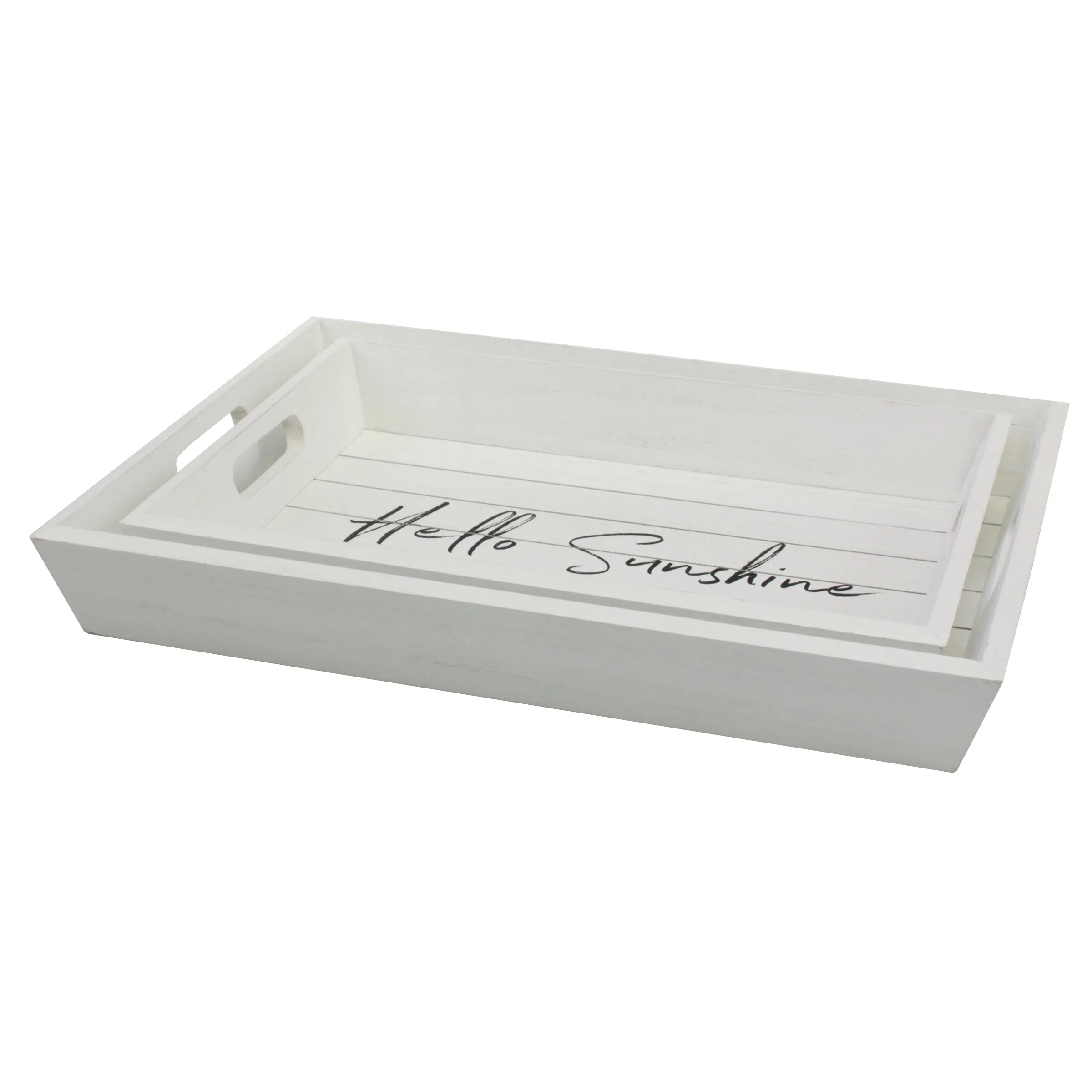 "Hello Sunshine" Worn White Wood Serving Trays (Set of 2)