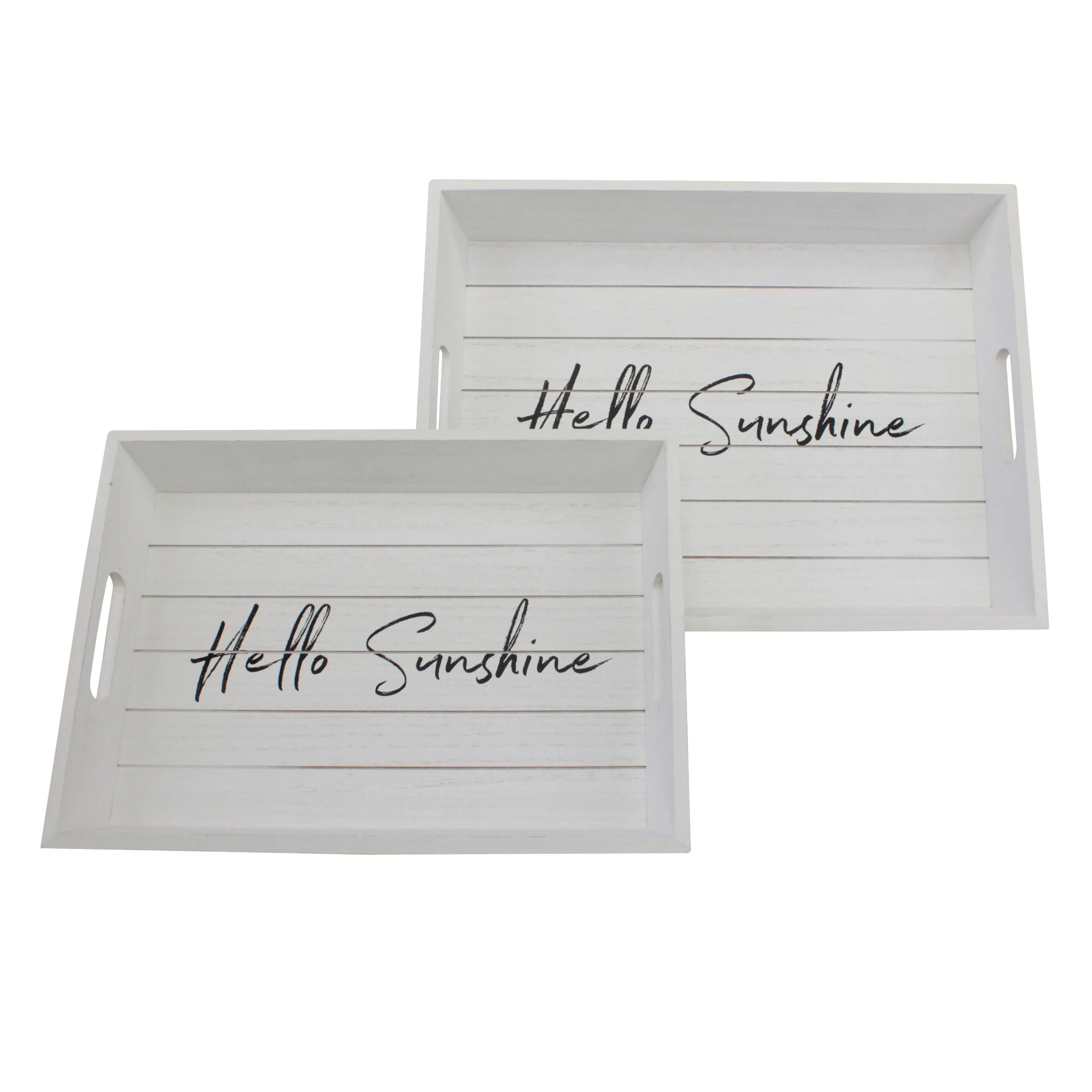 "Hello Sunshine" Worn White Wood Serving Trays (Set of 2)