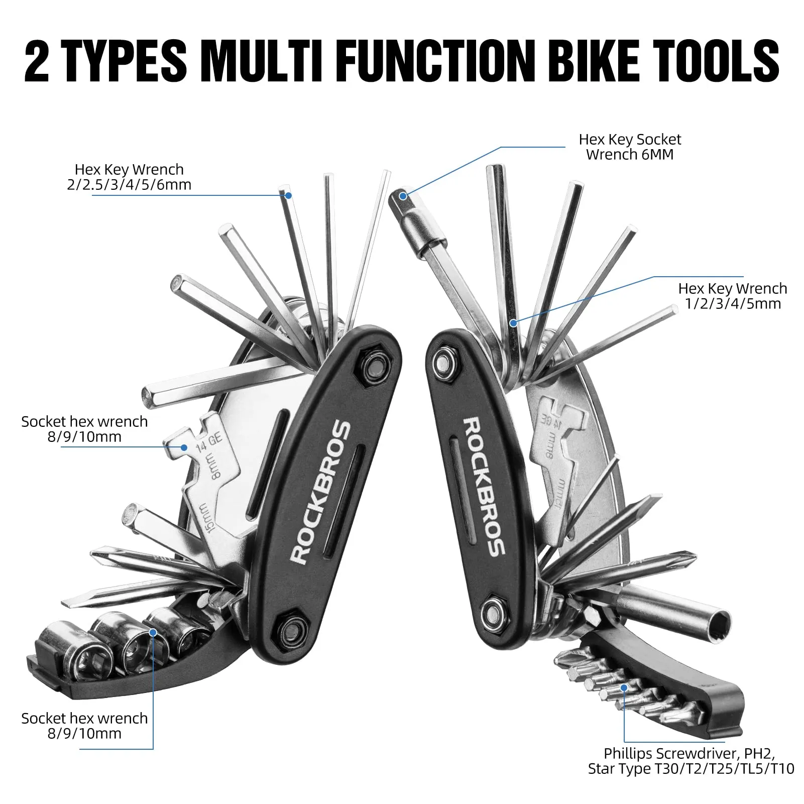 ROCKBROS Bike Foldable Repair Kit 16-in-1 Multi-Function Portable Allen Wrench and Tire Lever