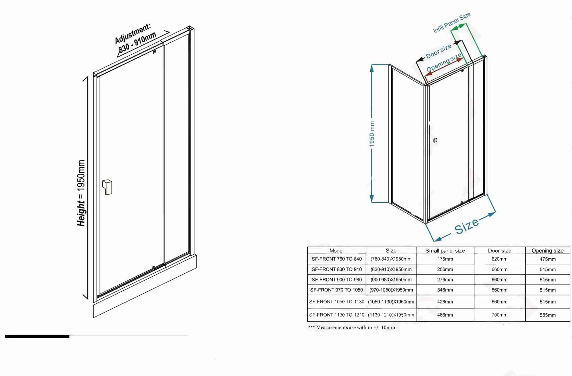 Semi Frameless Shower Screen - Front Only Wall to Wall - Custom Sizes