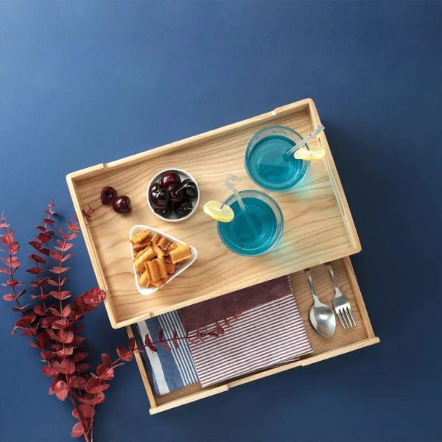 Serving Tray With 3 Section Multipurpose Drawer | Canadian Ash Wood | 16"