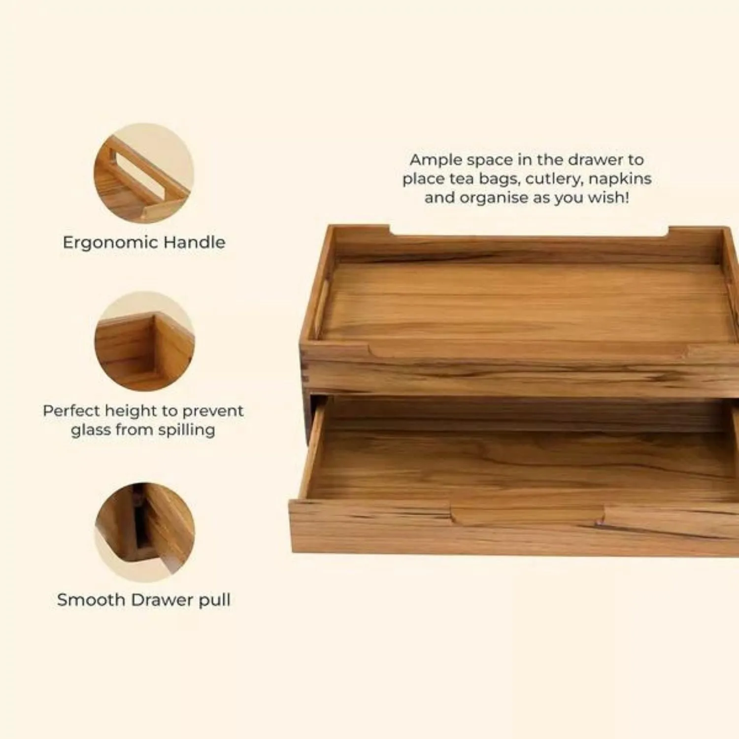 Serving Tray With Multipurpose Drawer | Teak Wood | Modern Guesting | 16"