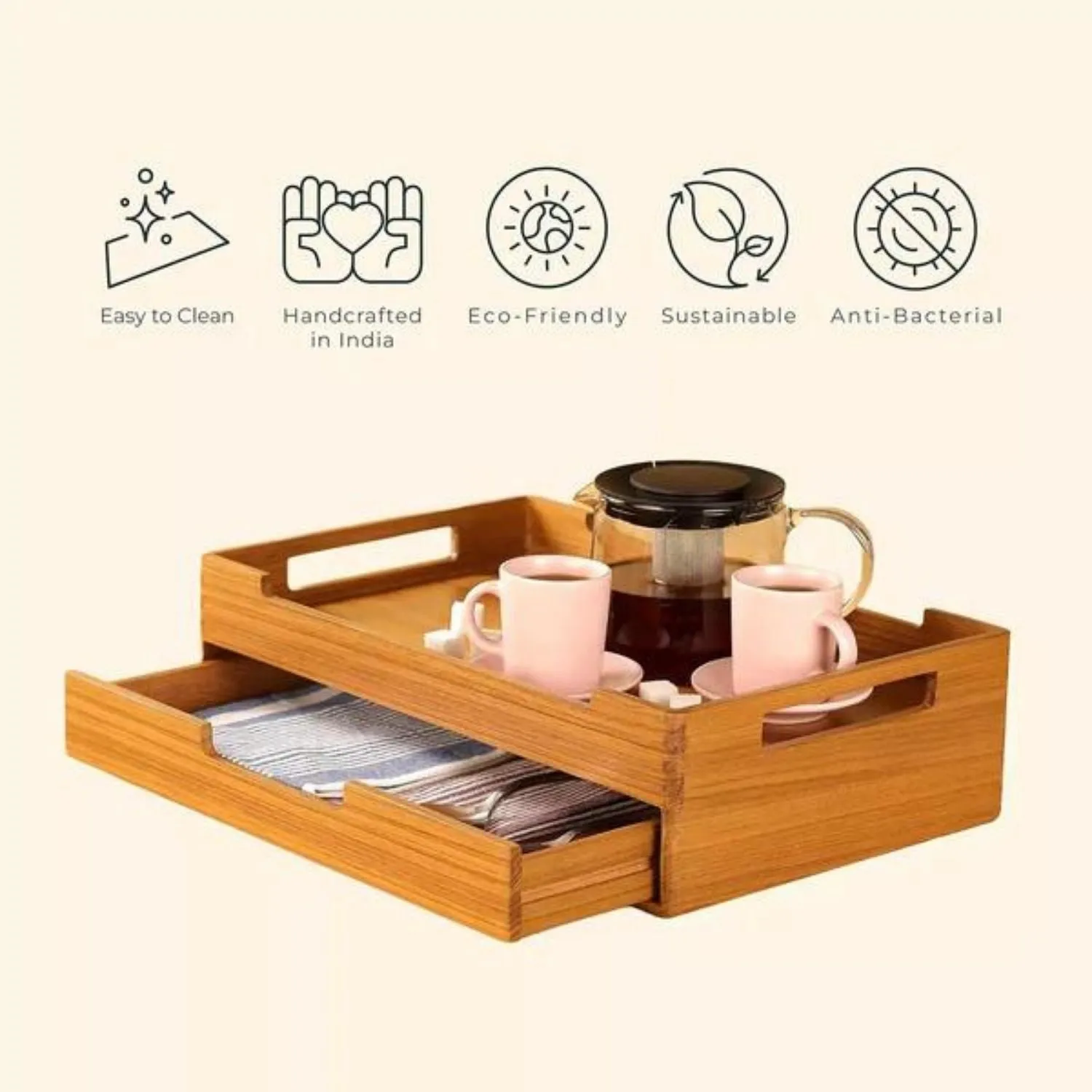 Serving Tray With Multipurpose Drawer | Teak Wood | Modern Guesting | 16"
