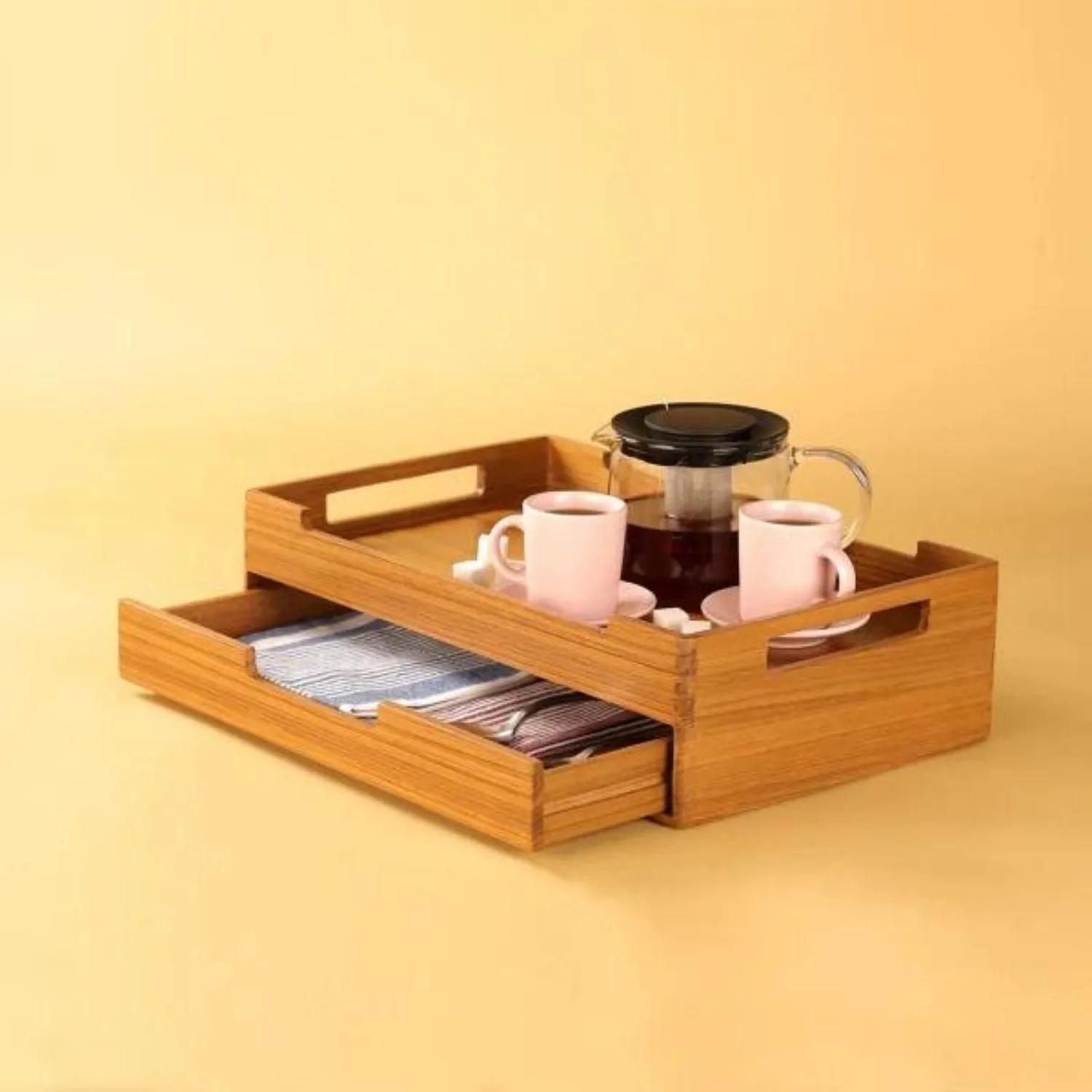 Serving Tray With Multipurpose Drawer | Teak Wood | Modern Guesting | 16"