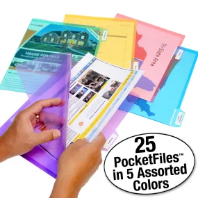 Ultimate Office PocketFile™ Clear Poly Document Folder Project Pockets, 5th-Cut, Letter Size, in 5 Assorted Colors, Set of 25