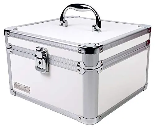 Vaultz Portable Safe Box - 10 x 10 x 6.5 Inch Large Storage Box with Lock, Mesh Pocket & Adjustable Compartments for Cash, Documents and Valuables - White