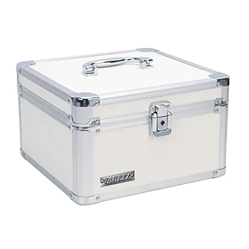 Vaultz Portable Safe Box - 10 x 10 x 6.5 Inch Large Storage Box with Lock, Mesh Pocket & Adjustable Compartments for Cash, Documents and Valuables - White