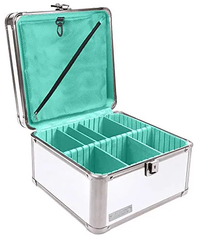 Vaultz Portable Safe Box - 10 x 10 x 6.5 Inch Large Storage Box with Lock, Mesh Pocket & Adjustable Compartments for Cash, Documents and Valuables - White