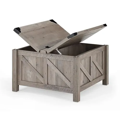 WAMPAT Farmhouse TV Stand and Coffee Table Set of 2, Entertainment Center for TVs Up to 85'', Square Wood Center Table with Gas Struts Lift-Top for Living Room,Stone Grey