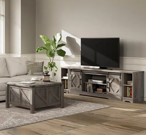 WAMPAT Farmhouse TV Stand and Coffee Table Set of 2, Entertainment Center for TVs Up to 85'', Square Wood Center Table with Gas Struts Lift-Top for Living Room,Stone Grey