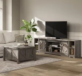 WAMPAT Farmhouse TV Stand and Coffee Table Set of 2, Entertainment Center for TVs Up to 85'', Square Wood Center Table with Gas Struts Lift-Top for Living Room,Stone Grey
