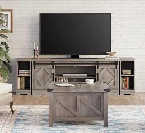 WAMPAT Farmhouse TV Stand and Coffee Table Set of 2, Entertainment Center for TVs Up to 85'', Square Wood Center Table with Gas Struts Lift-Top for Living Room,Stone Grey