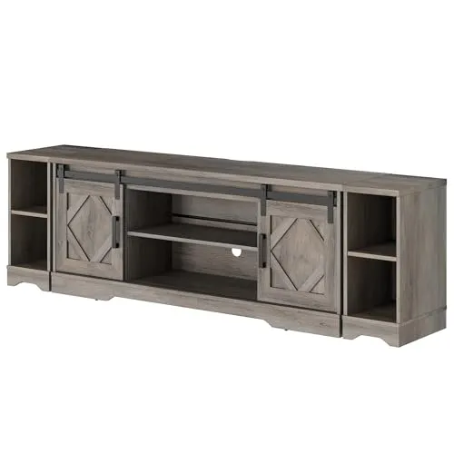 WAMPAT Farmhouse TV Stand and Coffee Table Set of 2, Entertainment Center for TVs Up to 85'', Square Wood Center Table with Gas Struts Lift-Top for Living Room,Stone Grey
