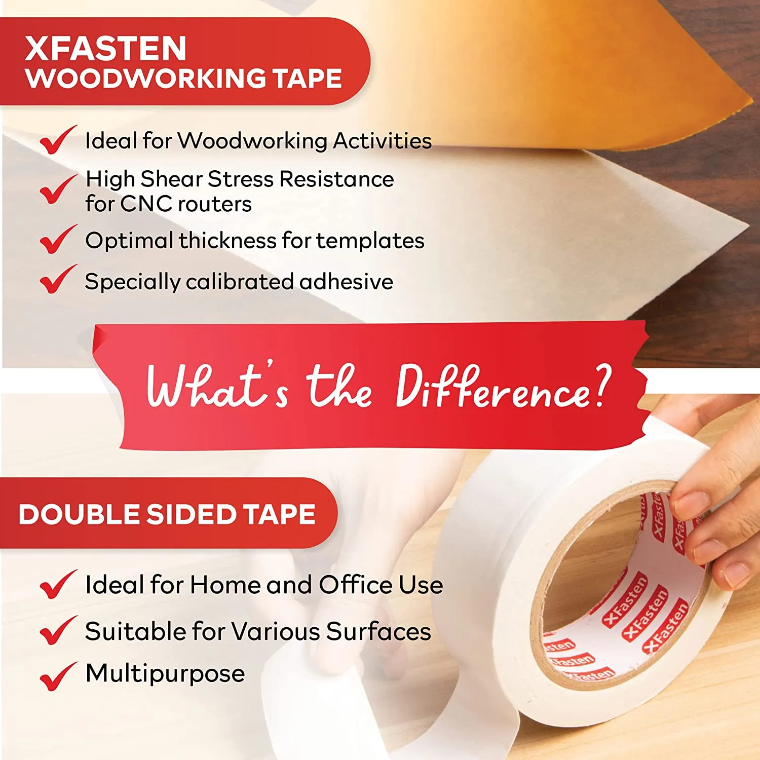 XFasten Double Sided Woodworking Tape | 1 Inch x 20 Yards | 3-Pack
