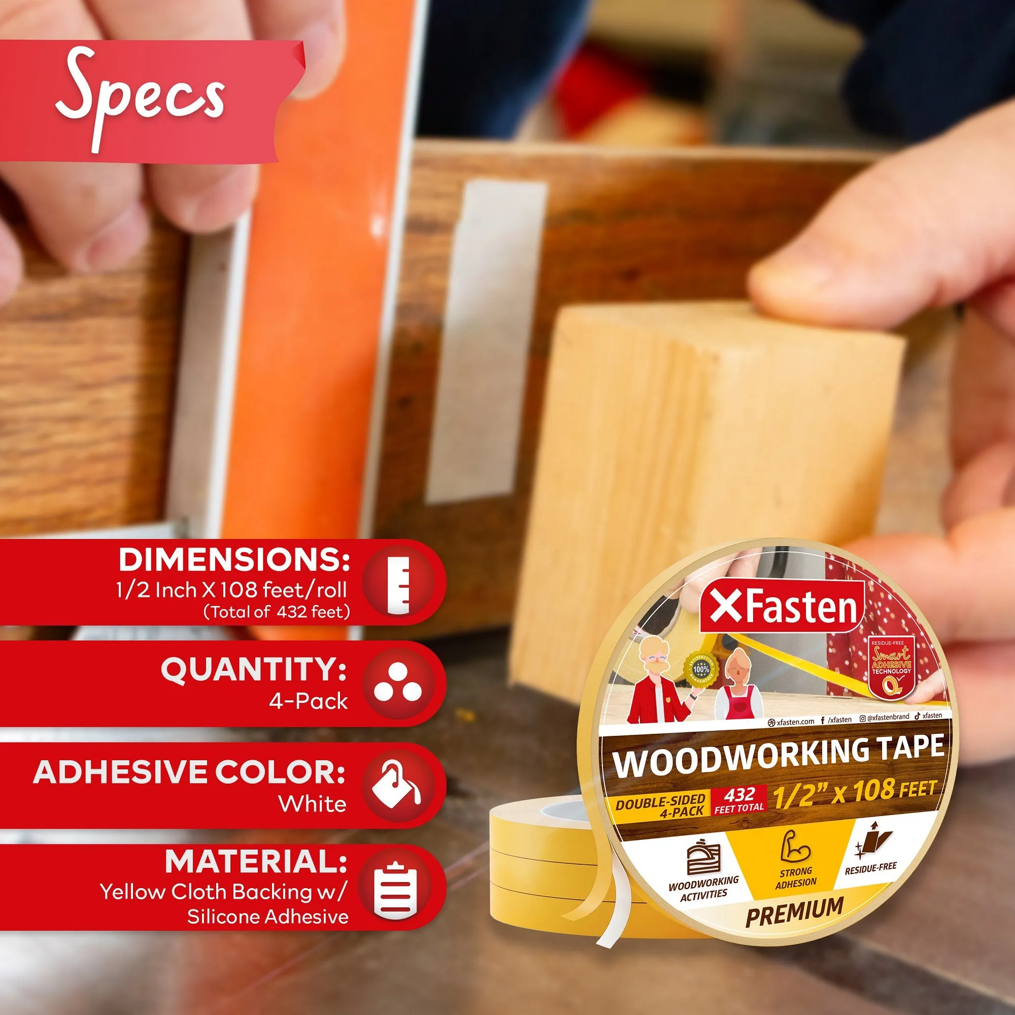 XFasten Double Sided Woodworking Tape | 1/2 Inch x 36 Yards | 4-Pack