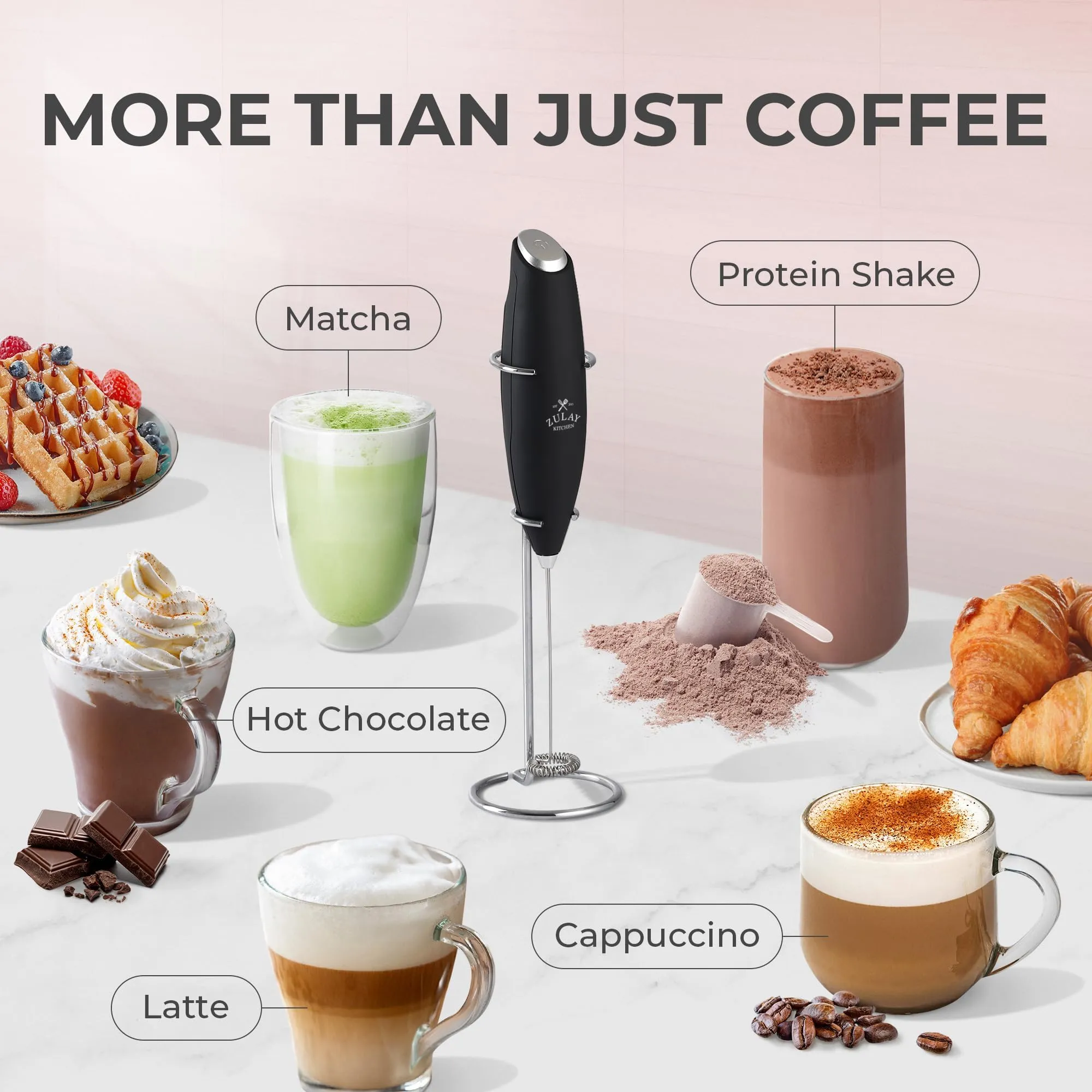 Zulay Kitchen Powerful Milk Frother Handheld Foam Maker for Lattes - Whisk Drink Mixer for Coffee, Mini Foamer for Cappuccino, Frappe, Matcha,Hot Chocolate by Milk Boss (Black) - Package may vary