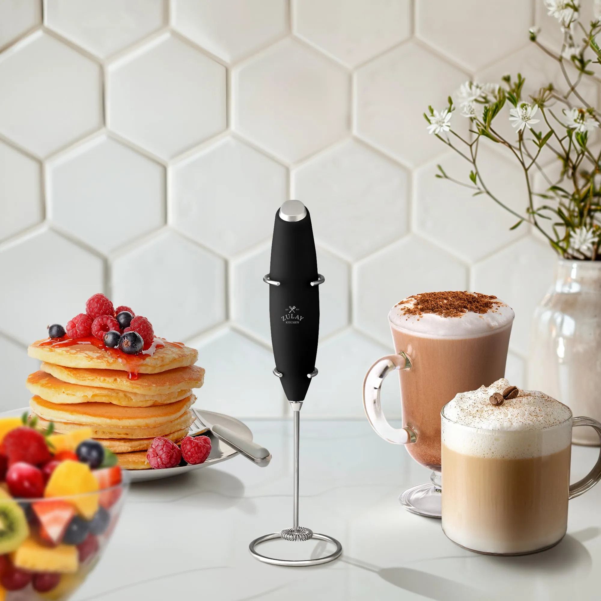 Zulay Kitchen Powerful Milk Frother Handheld Foam Maker for Lattes - Whisk Drink Mixer for Coffee, Mini Foamer for Cappuccino, Frappe, Matcha,Hot Chocolate by Milk Boss (Black) - Package may vary