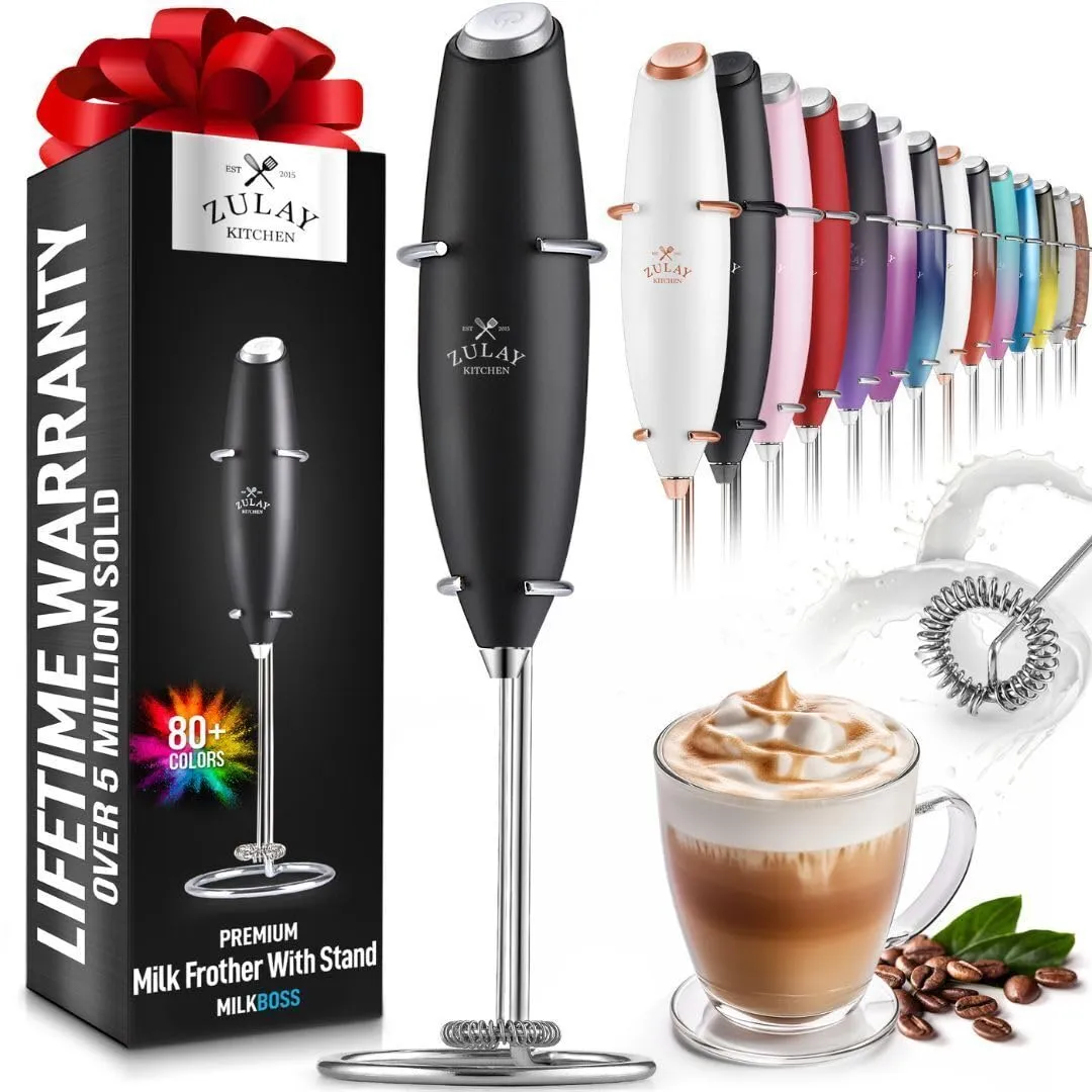 Zulay Kitchen Powerful Milk Frother Handheld Foam Maker for Lattes - Whisk Drink Mixer for Coffee, Mini Foamer for Cappuccino, Frappe, Matcha,Hot Chocolate by Milk Boss (Black) - Package may vary