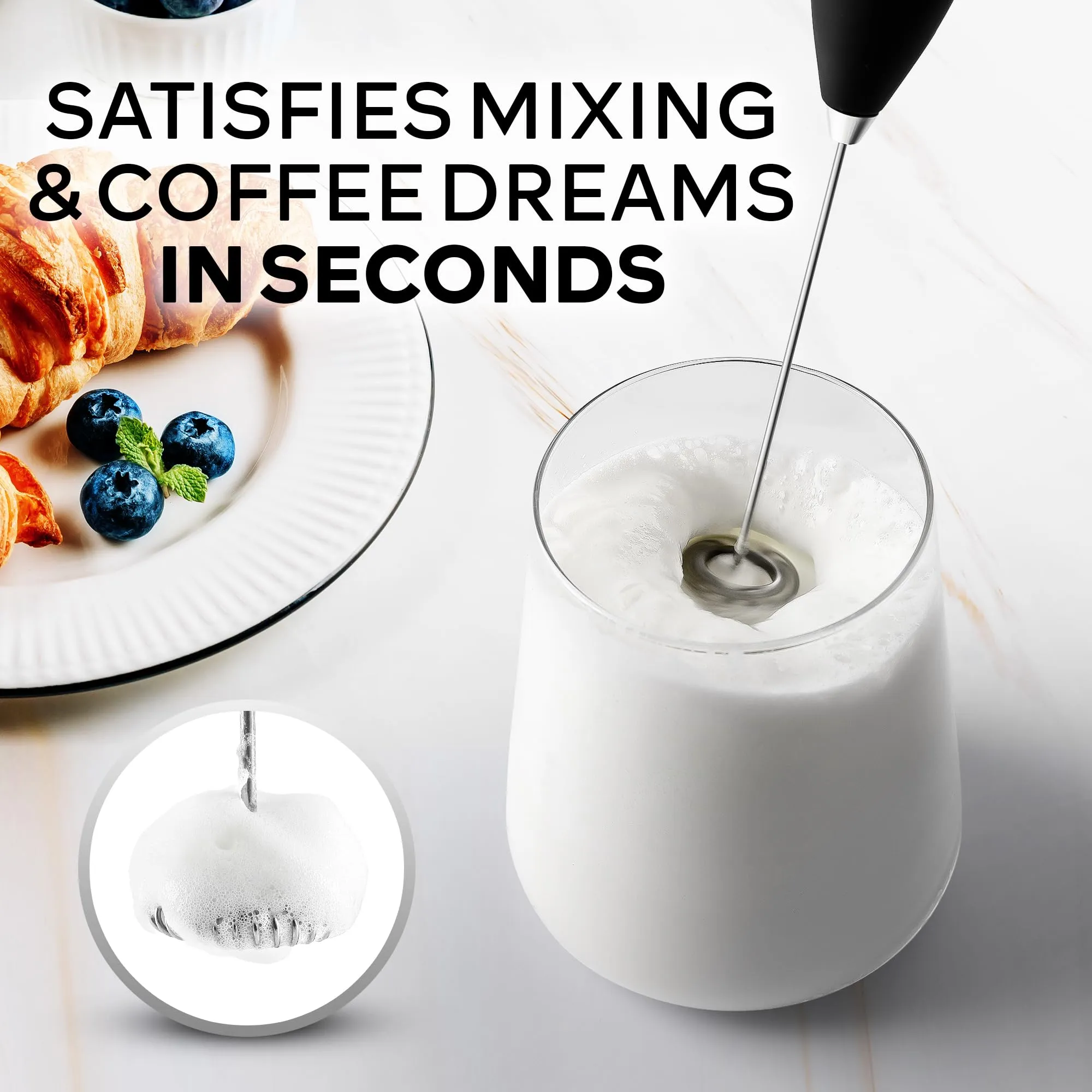 Zulay Kitchen Powerful Milk Frother Handheld Foam Maker for Lattes - Whisk Drink Mixer for Coffee, Mini Foamer for Cappuccino, Frappe, Matcha,Hot Chocolate by Milk Boss (Black) - Package may vary